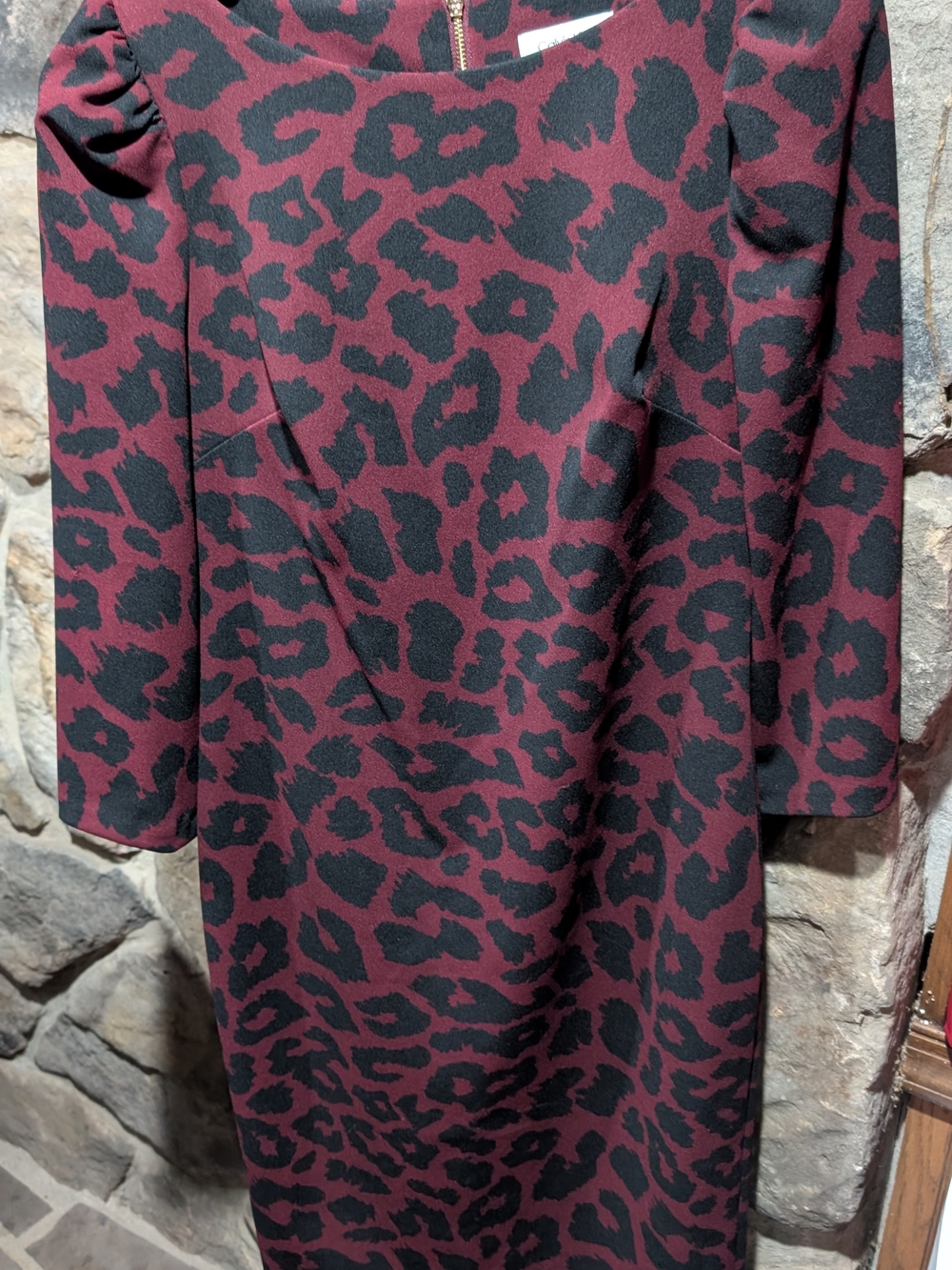 Calvin Klein Burgundy and Black Leopard-Print Long Sleeve Sheath Dress